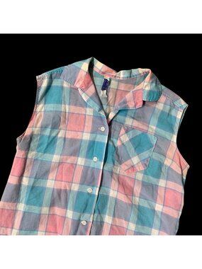 Vintage Sleeveless Plaid Button Up Shirt 1950s Sears Kerrybrooke USA Pink Blue